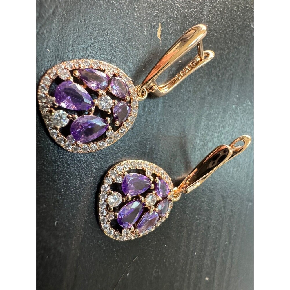 585 14K RG Hallmarked Rolled Gold Purple Amethyst Abstract Drop Stud Earrings